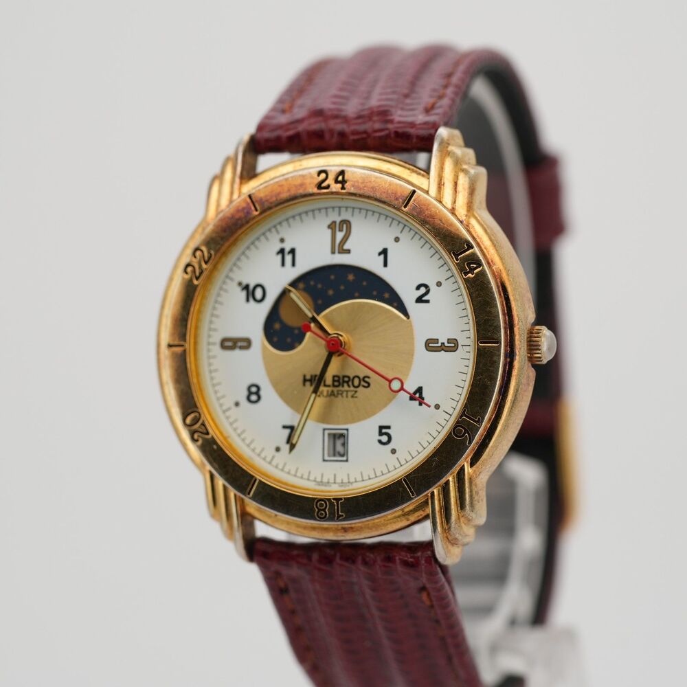 Vintage Helbros Moonphase Quartz Watch 8233 36mm New Battery Running